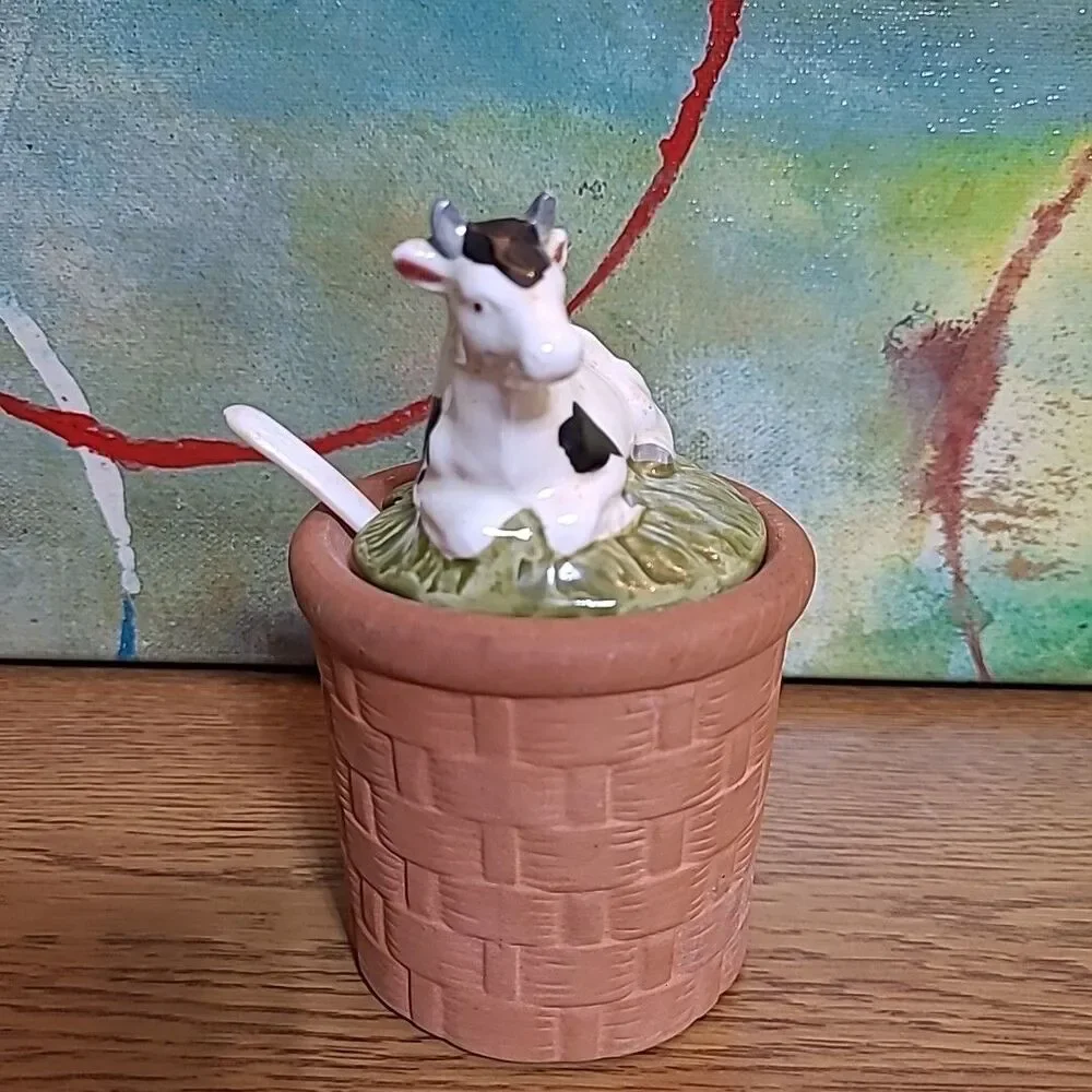 Vtg Takahashi Sugar Jam Jar Trinket Dish Cow Basket Weave with Spoon Japan